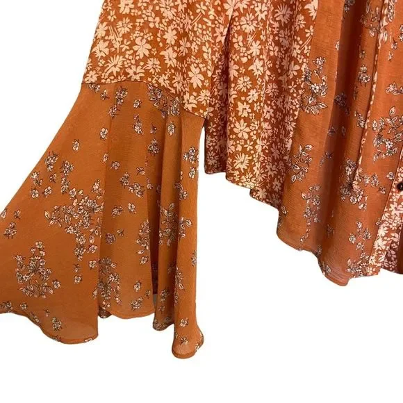 Free People Serena Blouse Floral Bell Sleeves Micro Floral Rust Sheer Size Large - Picture 3 of 7